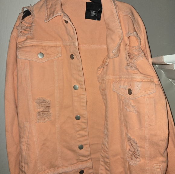 Bright Peach Orange RIPPED & DISTRESSED vibrant colorful Denim jeans jacket - Picture 8 of 8